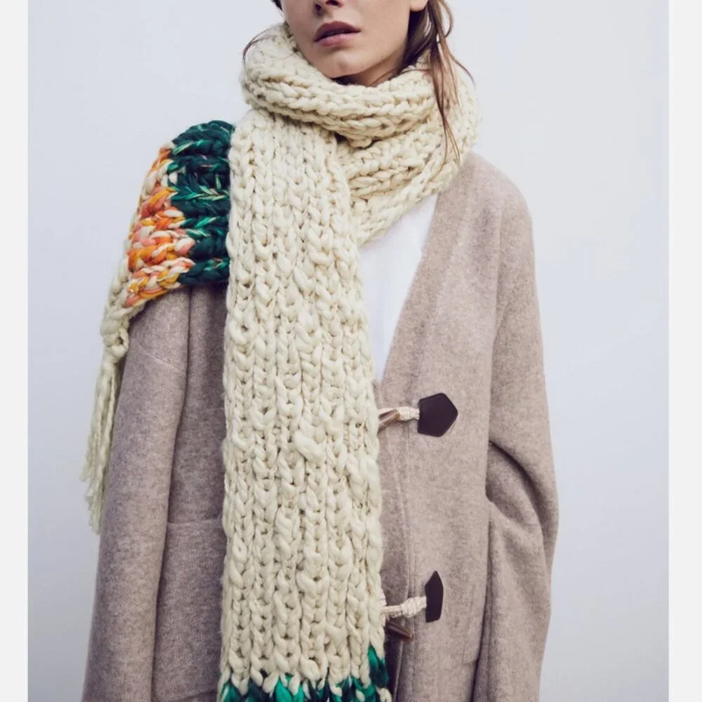 Zara Oversized Multi Color Chunky Knit Fringe Scarf